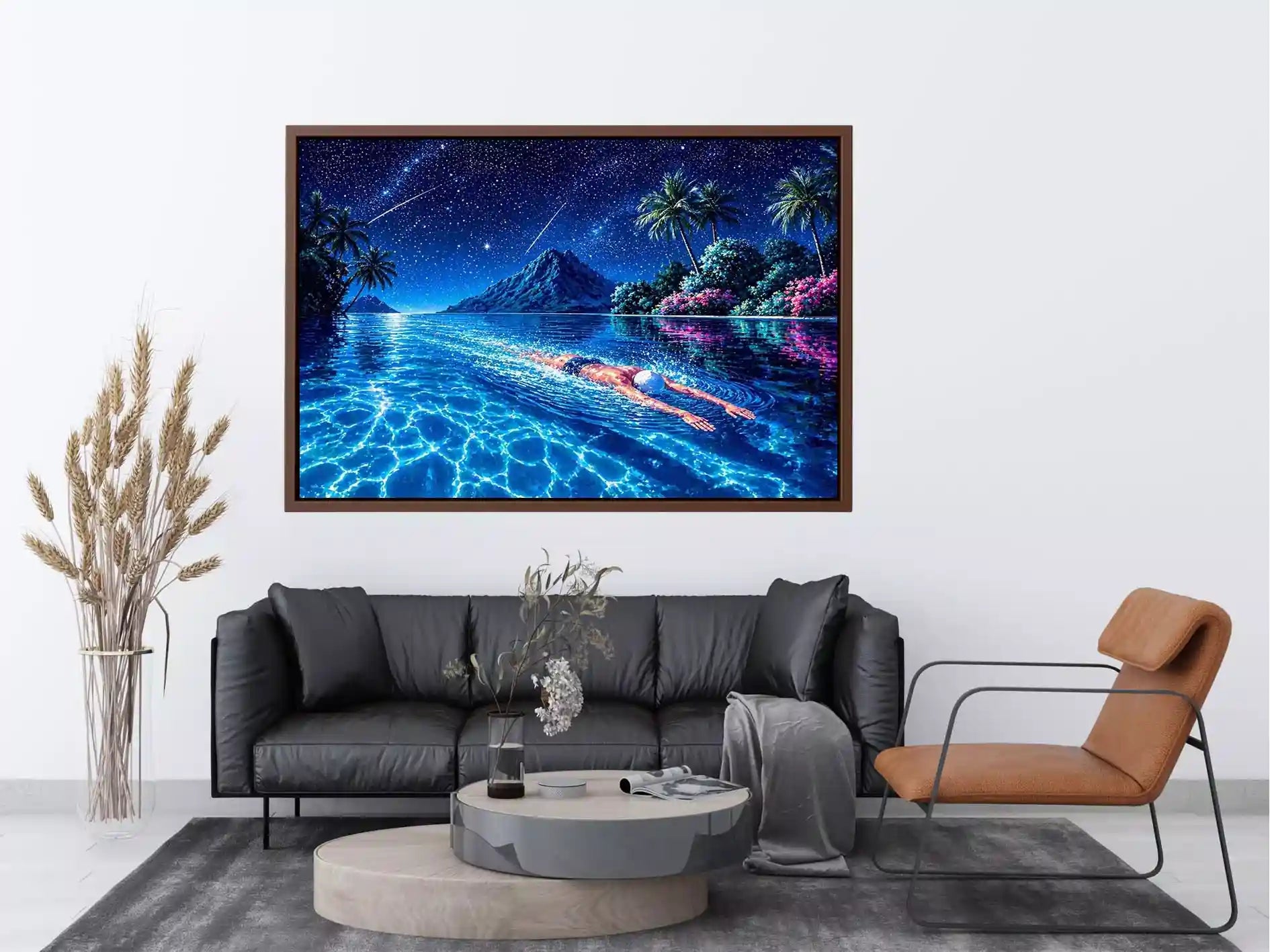 night swimming ocean painting, tropical island starry sky wall art, surreal swimmer ocean canvas, dreamy coastal night artwork