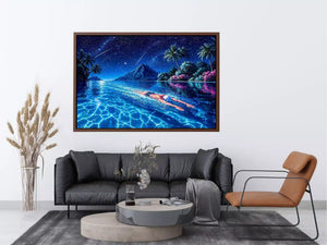 night swimming ocean painting, tropical island starry sky wall art, surreal swimmer ocean canvas, dreamy coastal night artwork