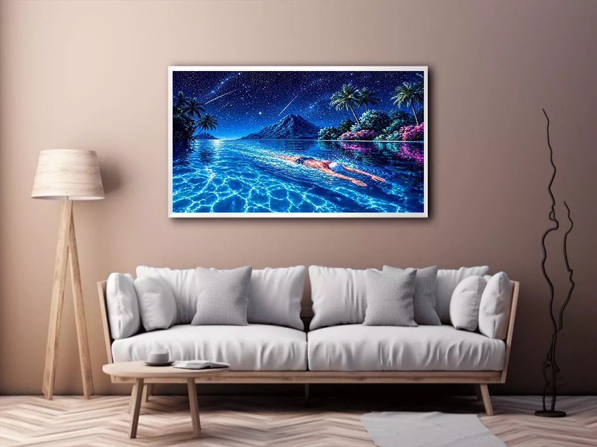night swimming ocean painting, tropical island starry sky wall art, surreal swimmer ocean canvas, dreamy coastal night artwork