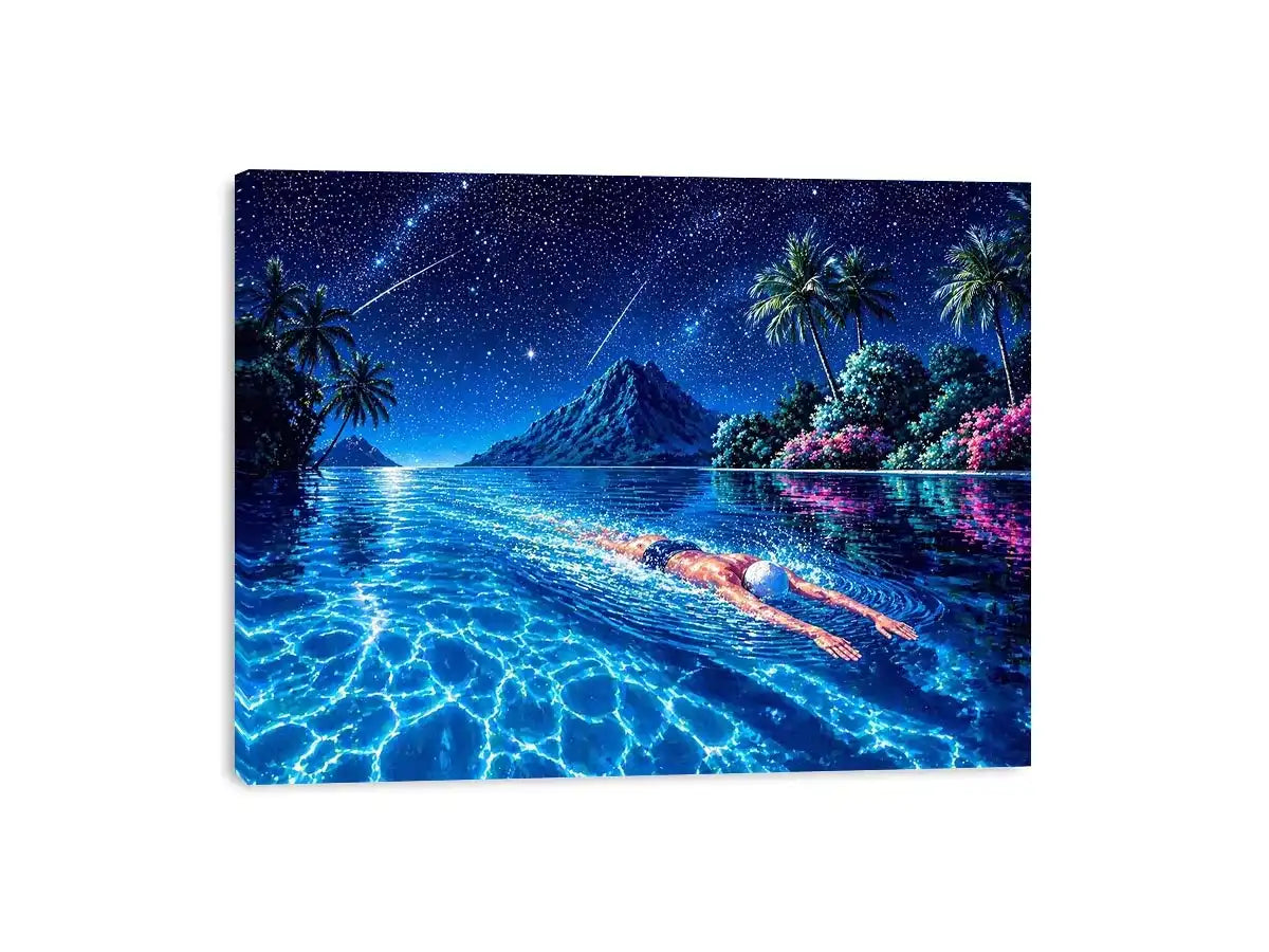 night swimming ocean painting, tropical island starry sky wall art, surreal swimmer ocean canvas, dreamy coastal night artwork