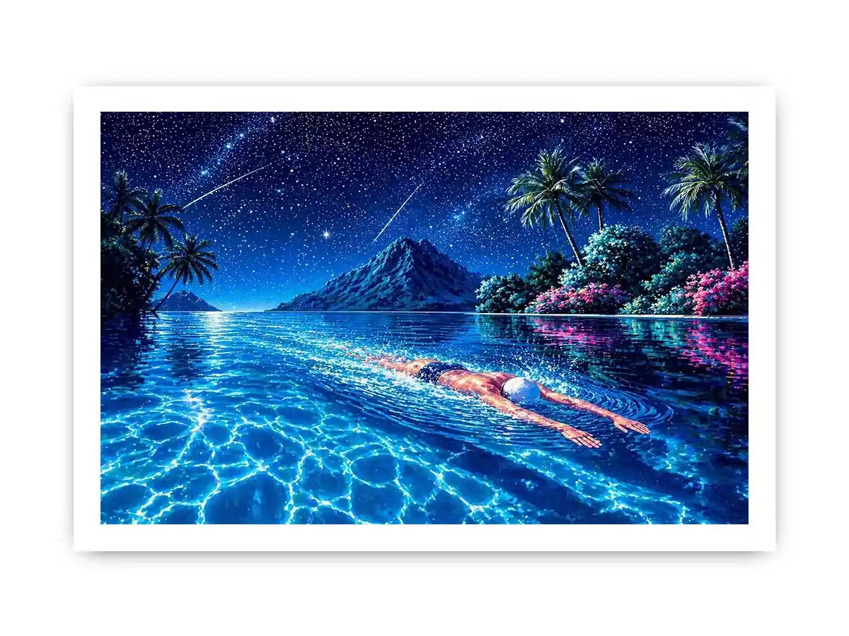 night swimming ocean painting, tropical island starry sky wall art, surreal swimmer ocean canvas, dreamy coastal night artwork
