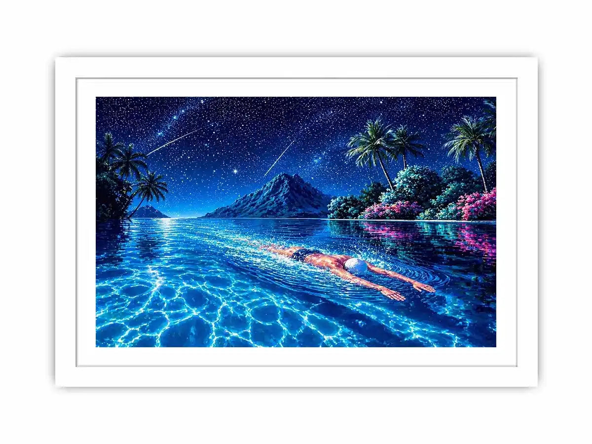 night swimming ocean painting, tropical island starry sky wall art, surreal swimmer ocean canvas, dreamy coastal night artwork