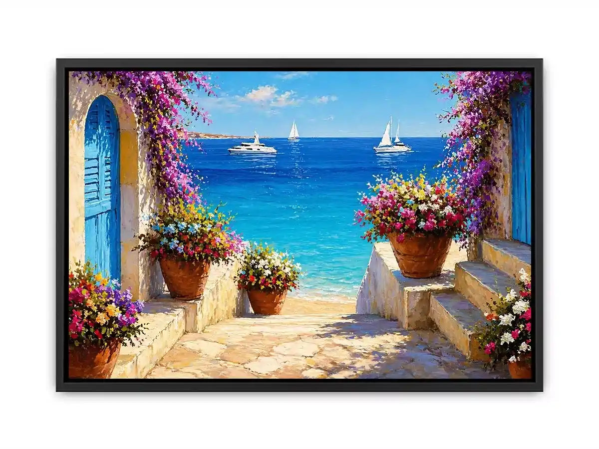 mediterranean terrace sea painting, coastal balcony flowers wall art, ocean view canvas mediterranean style, seaside villa artwork