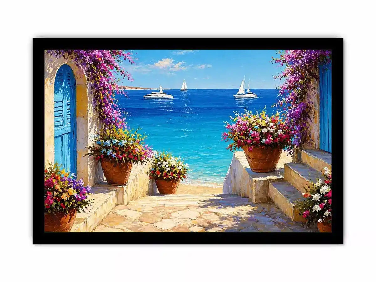 mediterranean terrace sea painting, coastal balcony flowers wall art, ocean view canvas mediterranean style, seaside villa artwork