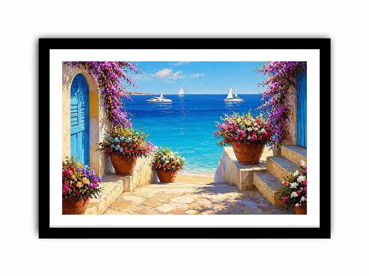 mediterranean terrace sea painting, coastal balcony flowers wall art, ocean view canvas mediterranean style, seaside villa artwork