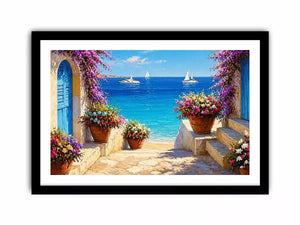 mediterranean terrace sea painting, coastal balcony flowers wall art, ocean view canvas mediterranean style, seaside villa artwork