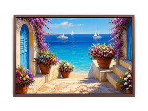 mediterranean terrace sea painting, coastal balcony flowers wall art, ocean view canvas mediterranean style, seaside villa artwork