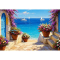 mediterranean terrace sea painting, coastal balcony flowers wall art, ocean view canvas mediterranean style, seaside villa artwork