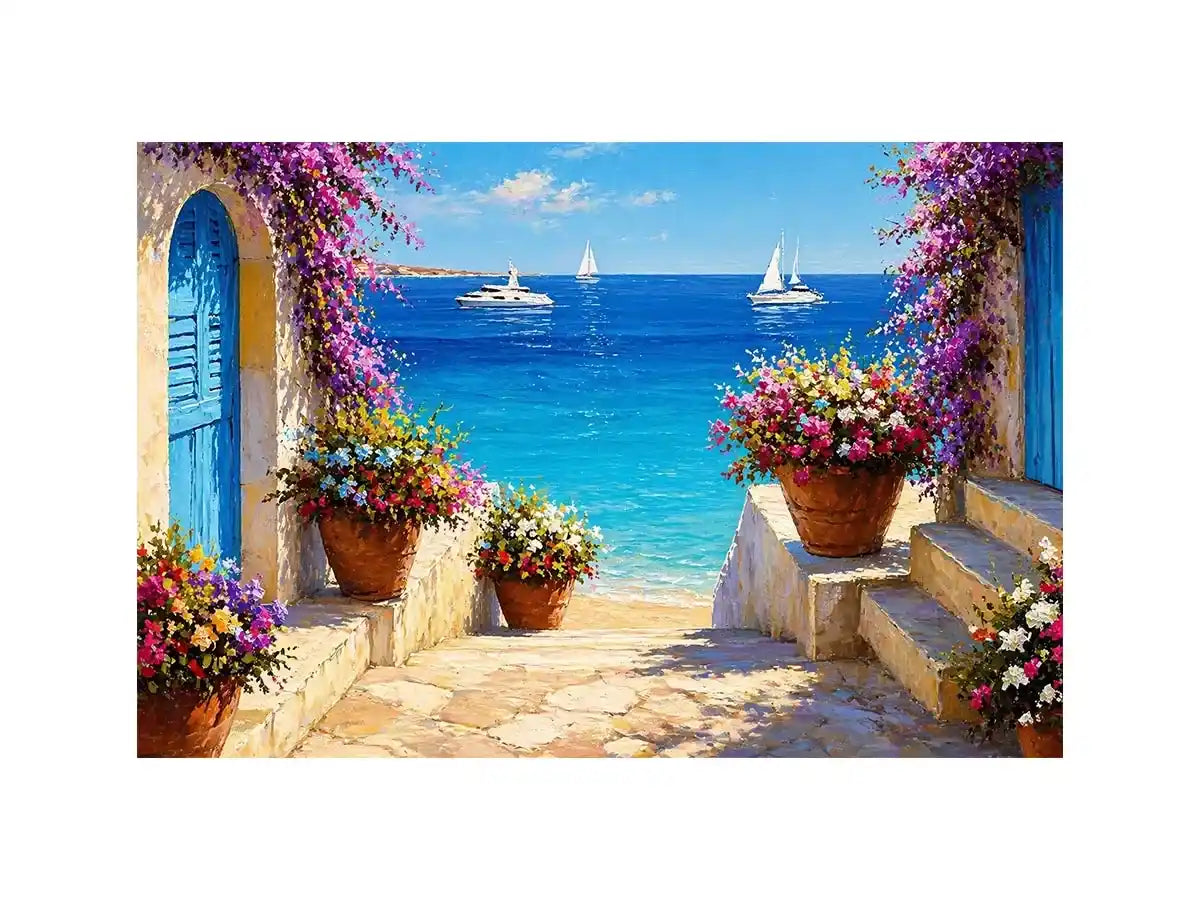 mediterranean terrace sea painting, coastal balcony flowers wall art, ocean view canvas mediterranean style, seaside villa artwork