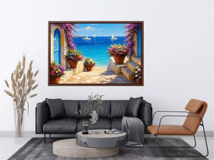 mediterranean terrace sea painting, coastal balcony flowers wall art, ocean view canvas mediterranean style, seaside villa artwork