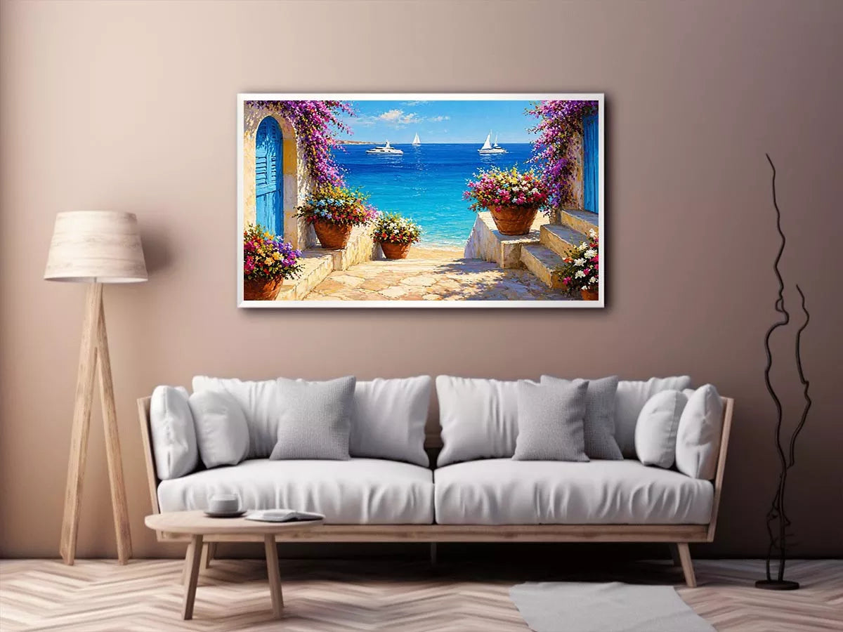 mediterranean terrace sea painting, coastal balcony flowers wall art, ocean view canvas mediterranean style, seaside villa artwork