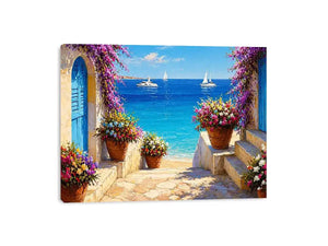 mediterranean terrace sea painting, coastal balcony flowers wall art, ocean view canvas mediterranean style, seaside villa artwork