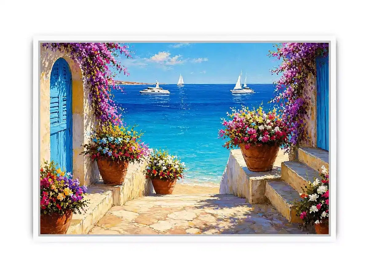 mediterranean terrace sea painting, coastal balcony flowers wall art, ocean view canvas mediterranean style, seaside villa artwork
