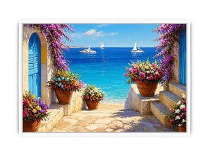 mediterranean terrace sea painting, coastal balcony flowers wall art, ocean view canvas mediterranean style, seaside villa artwork