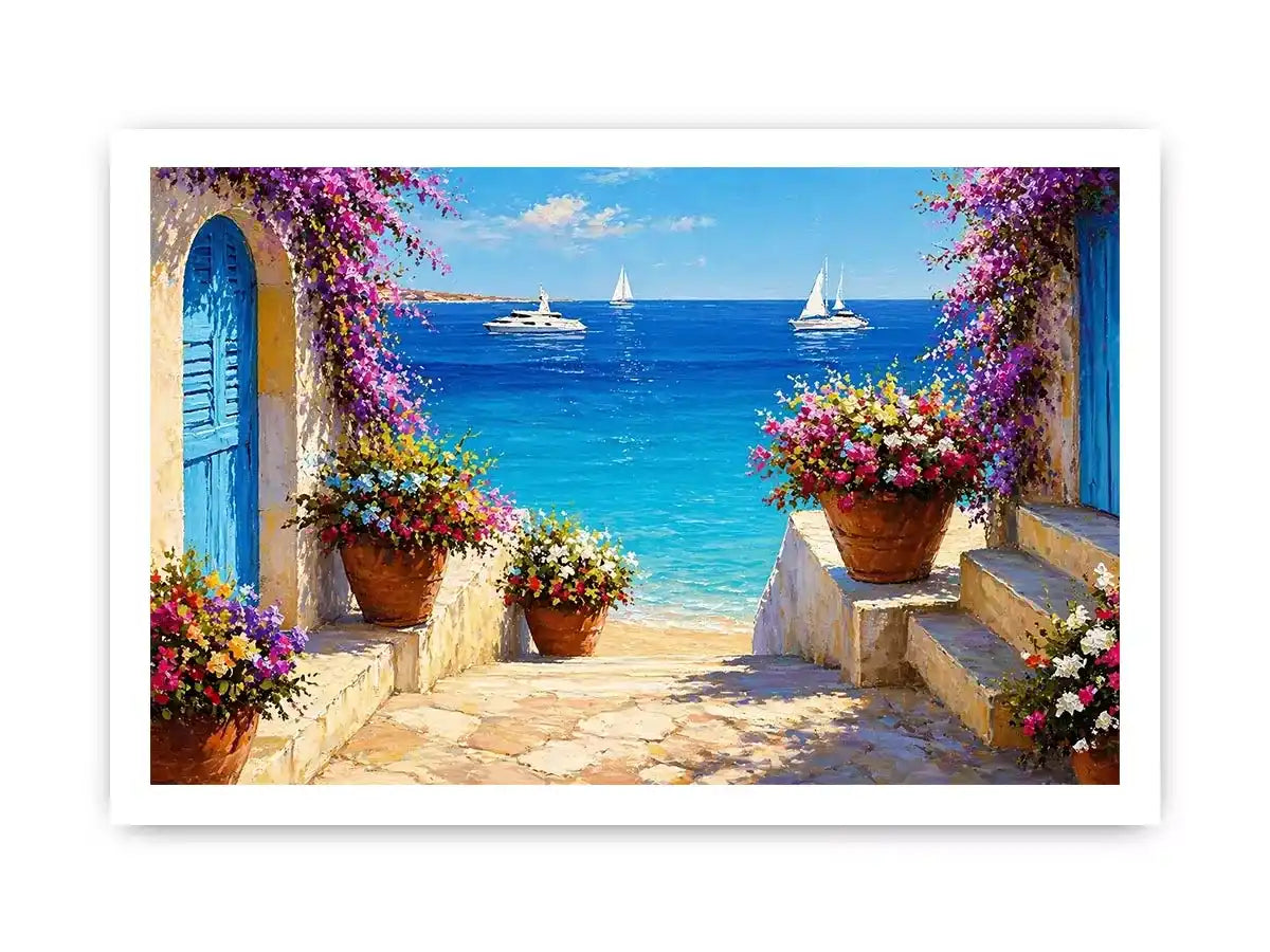 mediterranean terrace sea painting, coastal balcony flowers wall art, ocean view canvas mediterranean style, seaside villa artwork