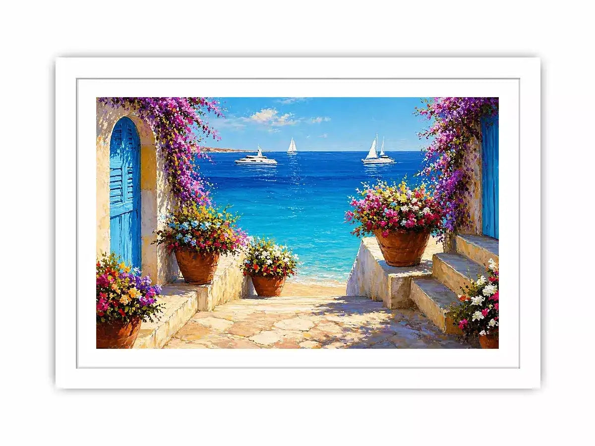 mediterranean terrace sea painting, coastal balcony flowers wall art, ocean view canvas mediterranean style, seaside villa artwork