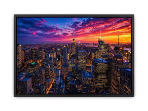 city skyline sunset wall art, urban skyline night lights canvas, modern cityscape artwork, new york skyline evening art