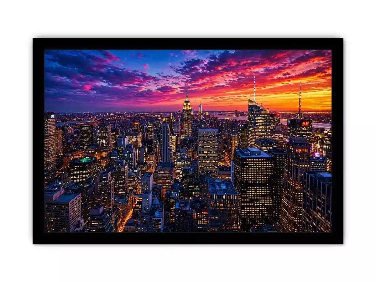 city skyline sunset wall art, urban skyline night lights canvas, modern cityscape artwork, new york skyline evening art