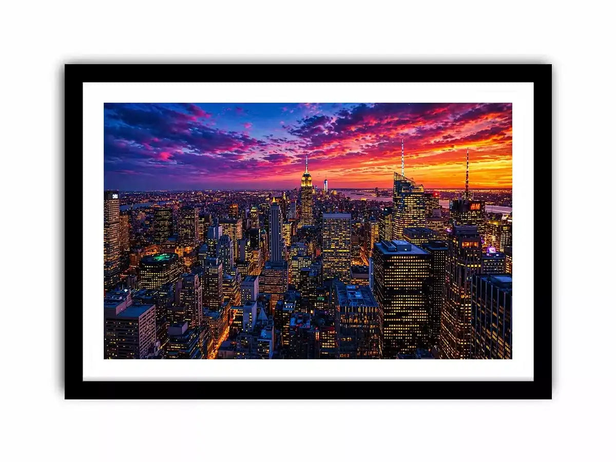 city skyline sunset wall art, urban skyline night lights canvas, modern cityscape artwork, new york skyline evening art