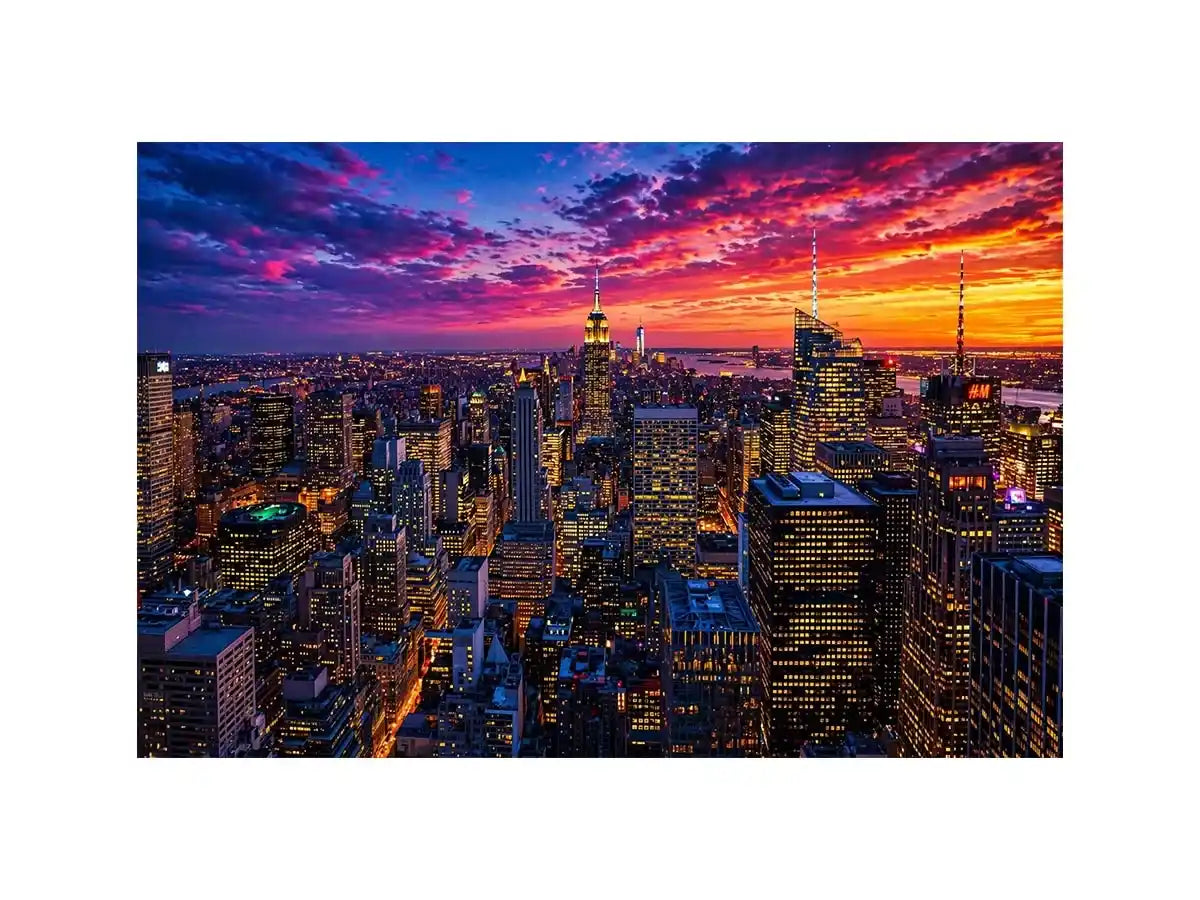 city skyline sunset wall art, urban skyline night lights canvas, modern cityscape artwork, new york skyline evening art