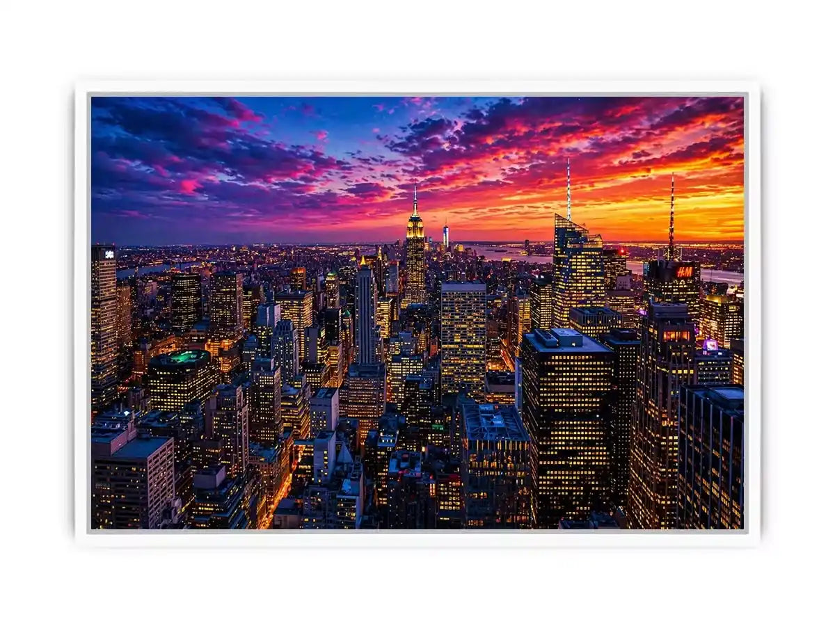 city skyline sunset wall art, urban skyline night lights canvas, modern cityscape artwork, new york skyline evening art