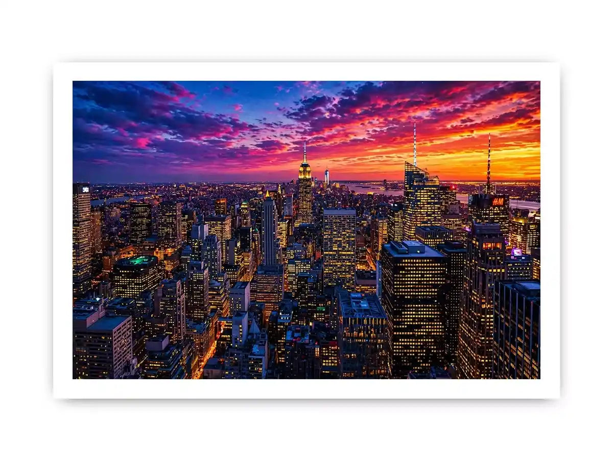 city skyline sunset wall art, urban skyline night lights canvas, modern cityscape artwork, new york skyline evening art