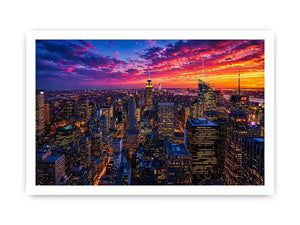 city skyline sunset wall art, urban skyline night lights canvas, modern cityscape artwork, new york skyline evening art