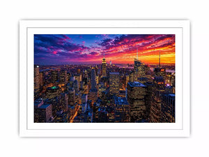 city skyline sunset wall art, urban skyline night lights canvas, modern cityscape artwork, new york skyline evening art