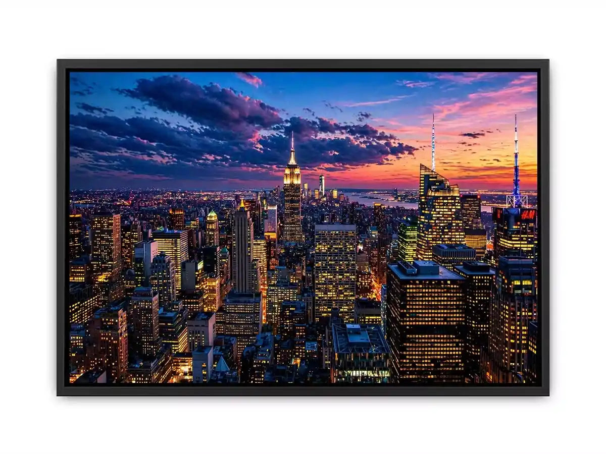 city skyline sunset wall art, urban skyline twilight canvas, modern cityscape evening artwork, skyline lights wall decor