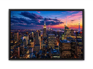 city skyline sunset wall art, urban skyline twilight canvas, modern cityscape evening artwork, skyline lights wall decor