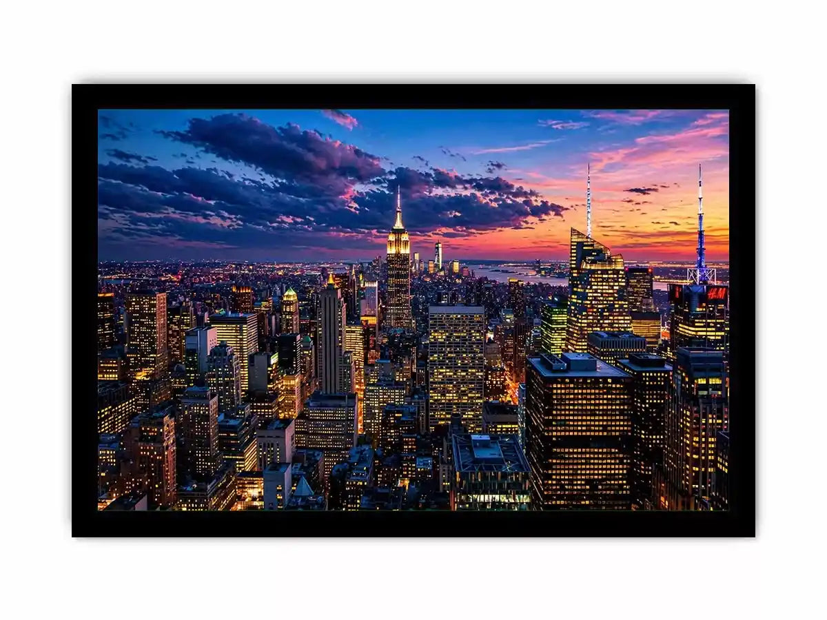 city skyline sunset wall art, urban skyline twilight canvas, modern cityscape evening artwork, skyline lights wall decor