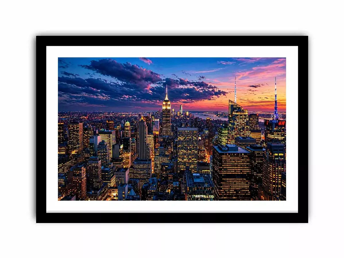 city skyline sunset wall art, urban skyline twilight canvas, modern cityscape evening artwork, skyline lights wall decor
