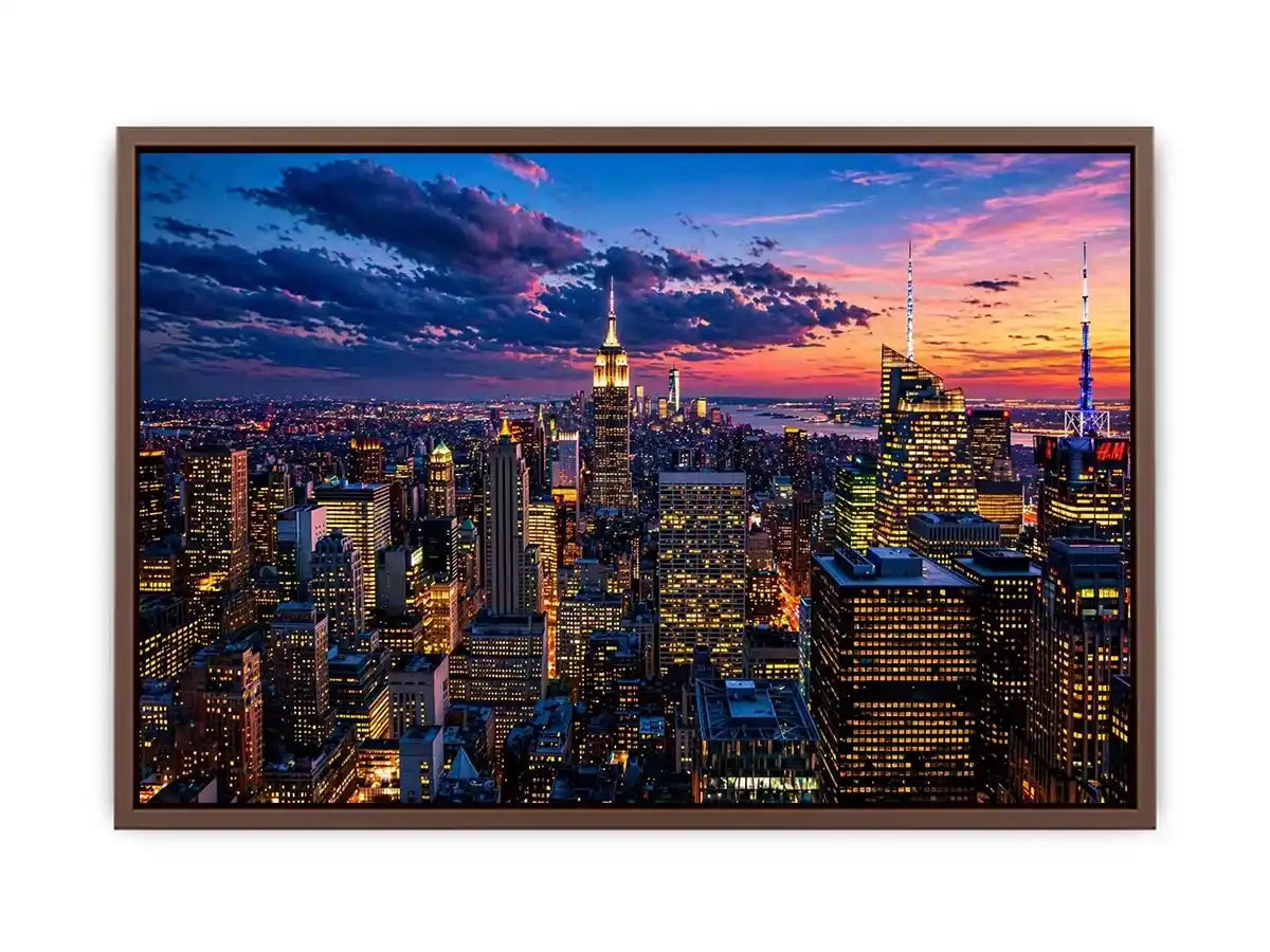 city skyline sunset wall art, urban skyline twilight canvas, modern cityscape evening artwork, skyline lights wall decor