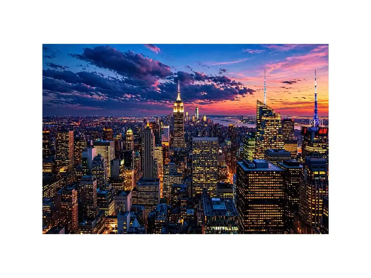 city skyline sunset wall art, urban skyline twilight canvas, modern cityscape evening artwork, skyline lights wall decor