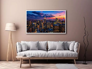 city skyline sunset wall art, urban skyline twilight canvas, modern cityscape evening artwork, skyline lights wall decor