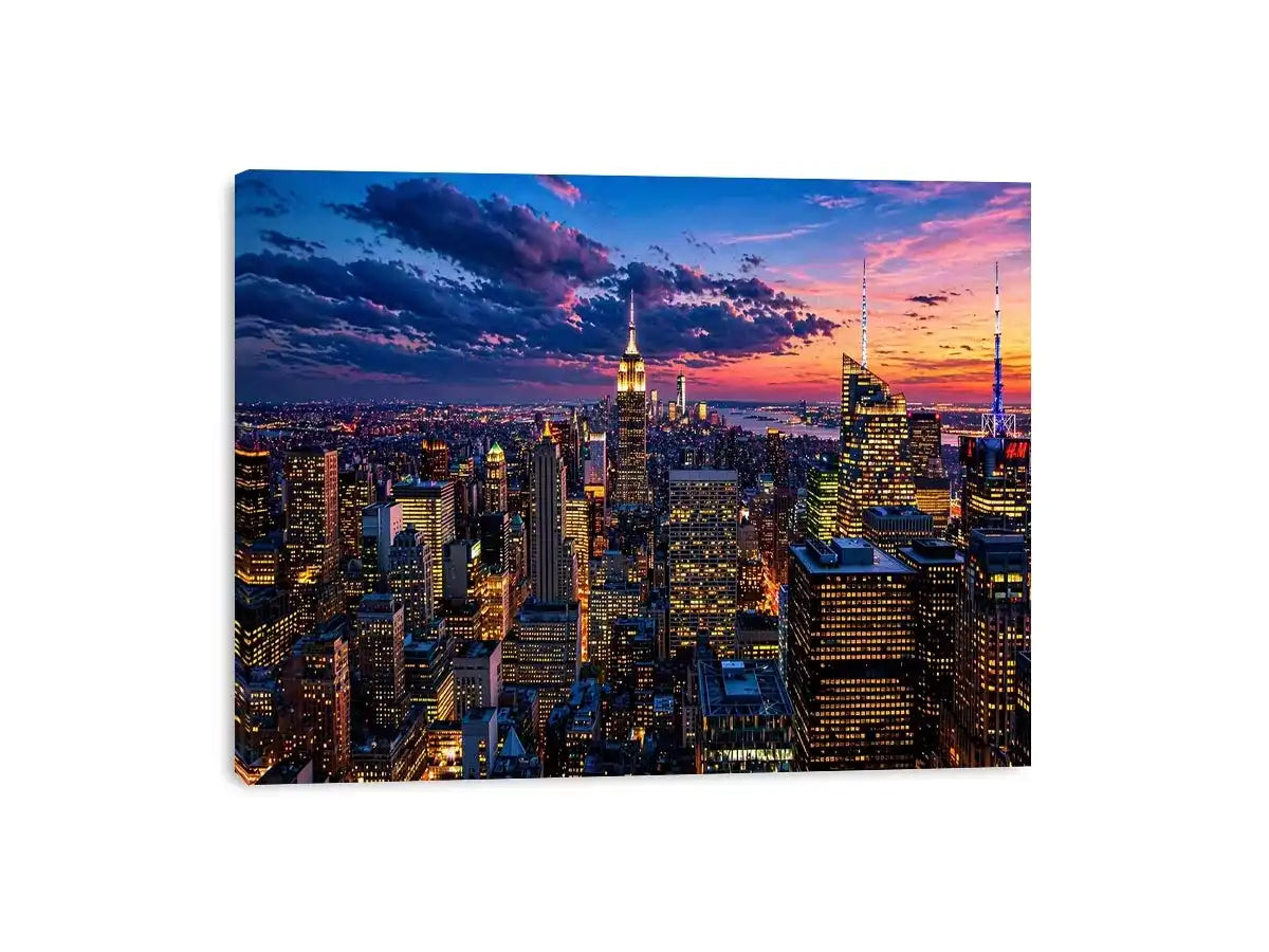 city skyline sunset wall art, urban skyline twilight canvas, modern cityscape evening artwork, skyline lights wall decor