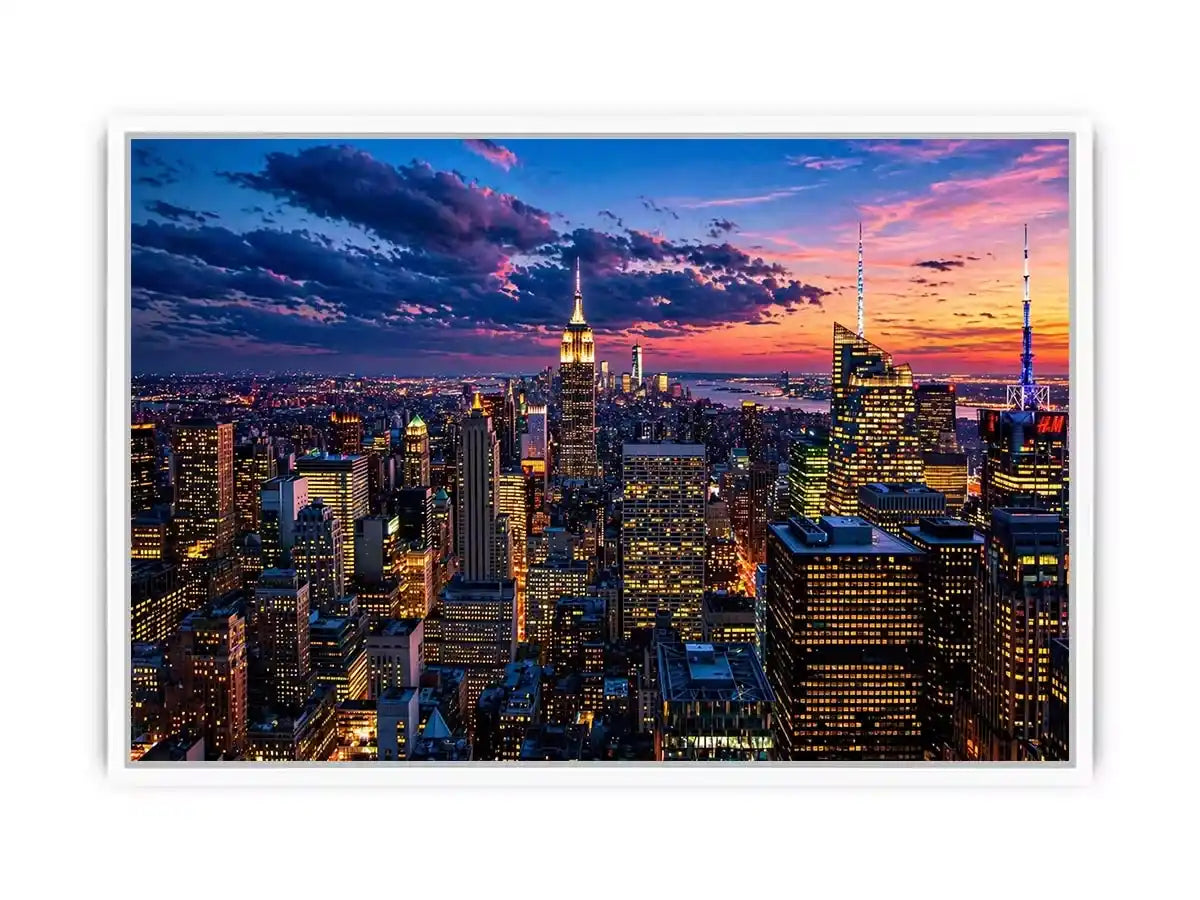 city skyline sunset wall art, urban skyline twilight canvas, modern cityscape evening artwork, skyline lights wall decor