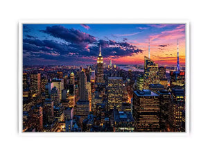 city skyline sunset wall art, urban skyline twilight canvas, modern cityscape evening artwork, skyline lights wall decor