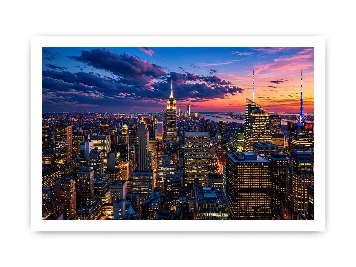city skyline sunset wall art, urban skyline twilight canvas, modern cityscape evening artwork, skyline lights wall decor