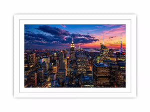 city skyline sunset wall art, urban skyline twilight canvas, modern cityscape evening artwork, skyline lights wall decor