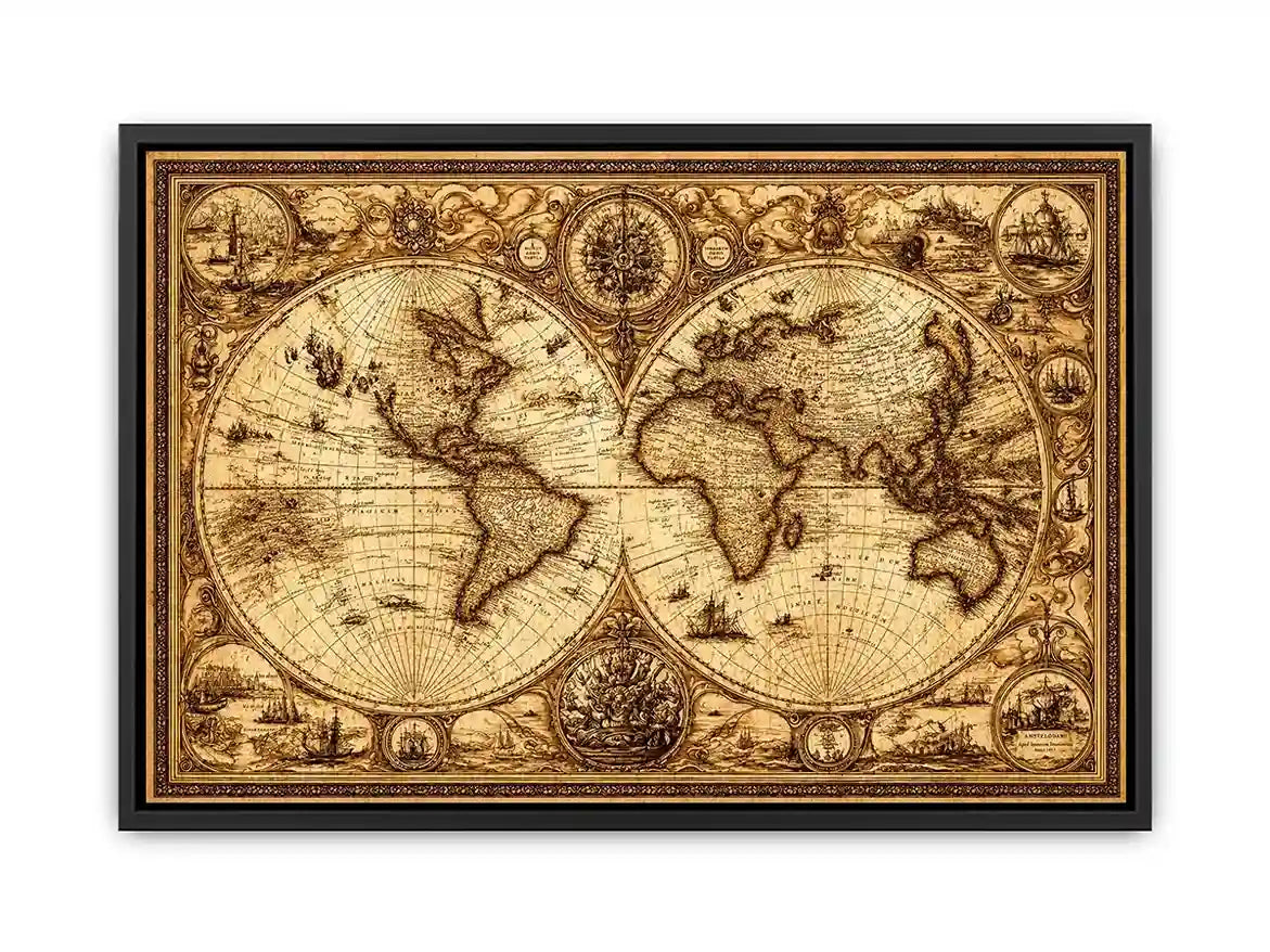 vintage antique world map canvas wall art sepia old map detailed global decor