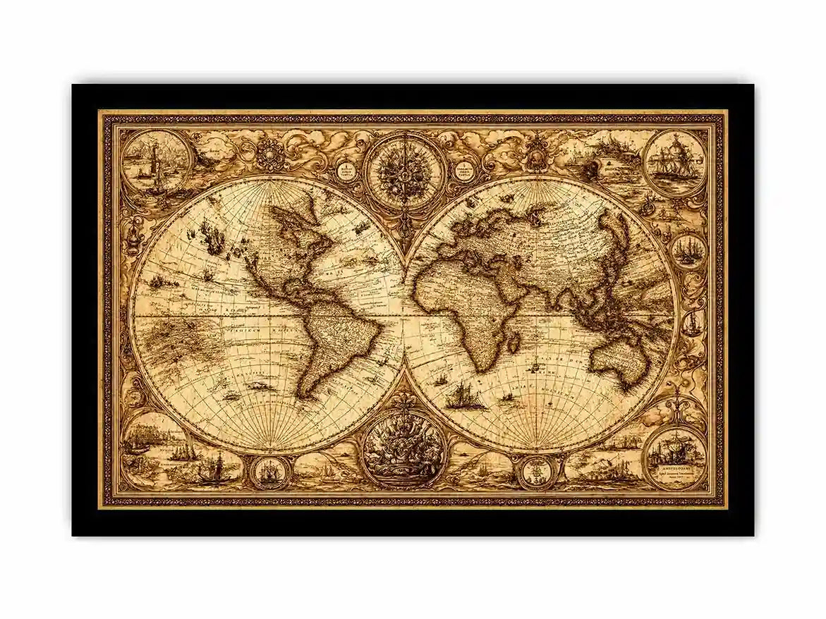 vintage antique world map canvas wall art sepia old map detailed global decor
