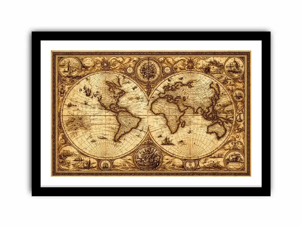 vintage antique world map canvas wall art sepia old map detailed global decor