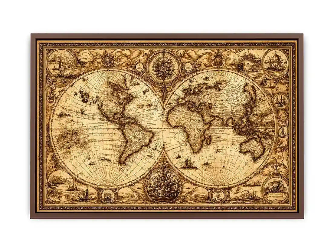 vintage antique world map canvas wall art sepia old map detailed global decor