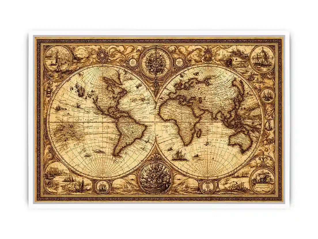 vintage antique world map canvas wall art sepia old map detailed global decor