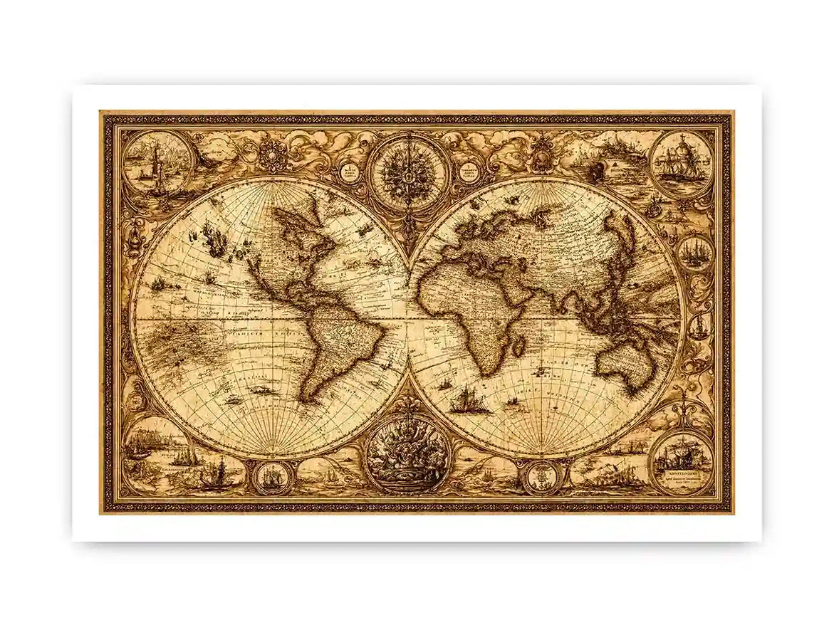 vintage antique world map canvas wall art sepia old map detailed global decor