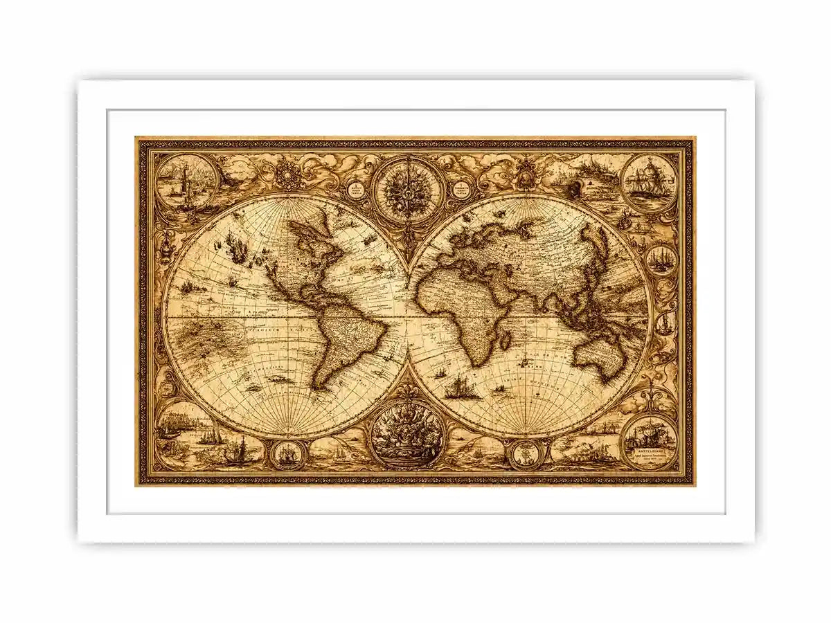 vintage antique world map canvas wall art sepia old map detailed global decor