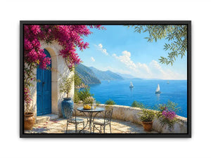 mediterranean coastal terrace wall art with blue sea sailboats flowers and white architecture luxury canvas print