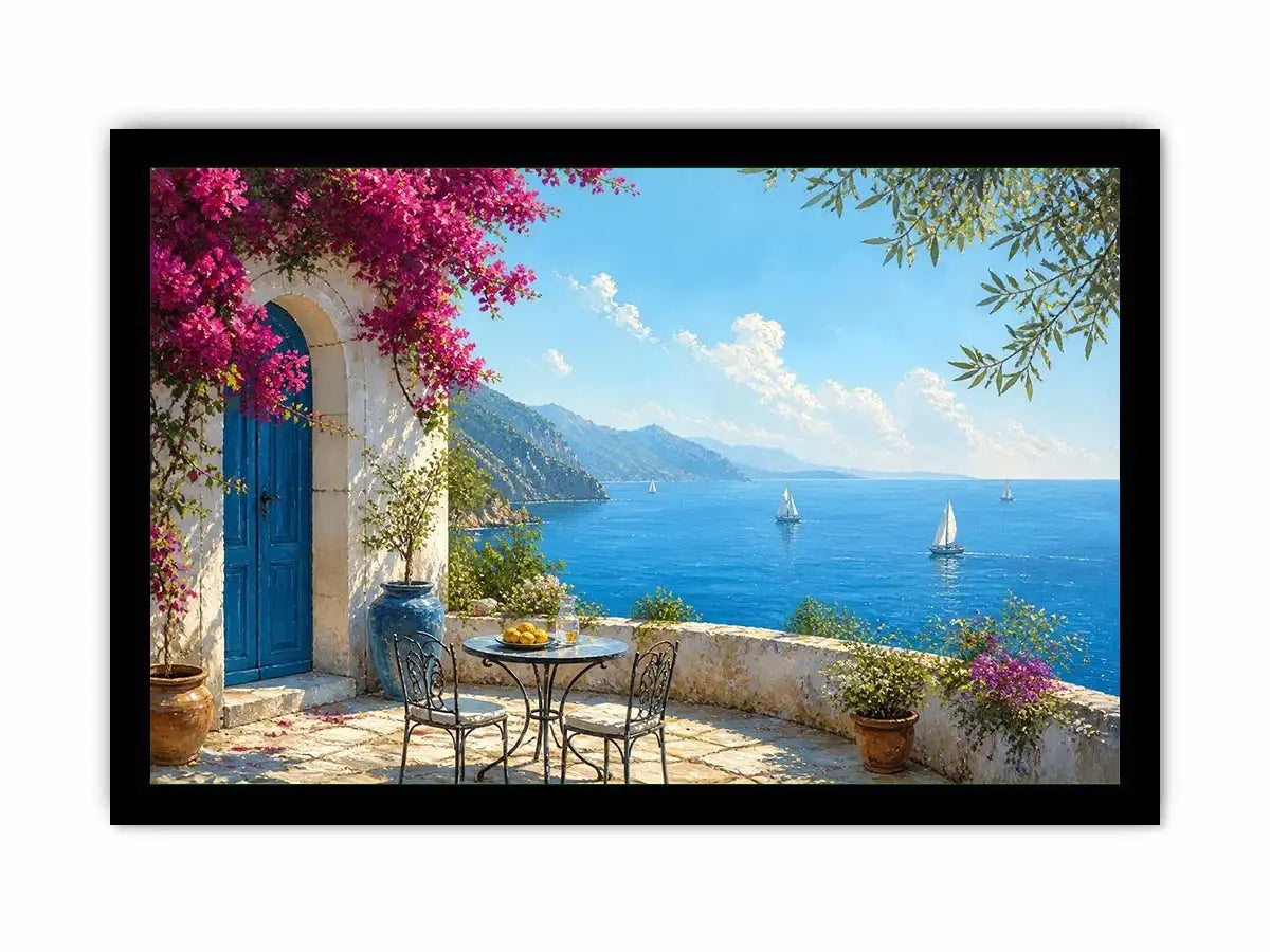 mediterranean coastal terrace wall art with blue sea sailboats flowers and white architecture luxury canvas print