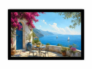 mediterranean coastal terrace wall art with blue sea sailboats flowers and white architecture luxury canvas print